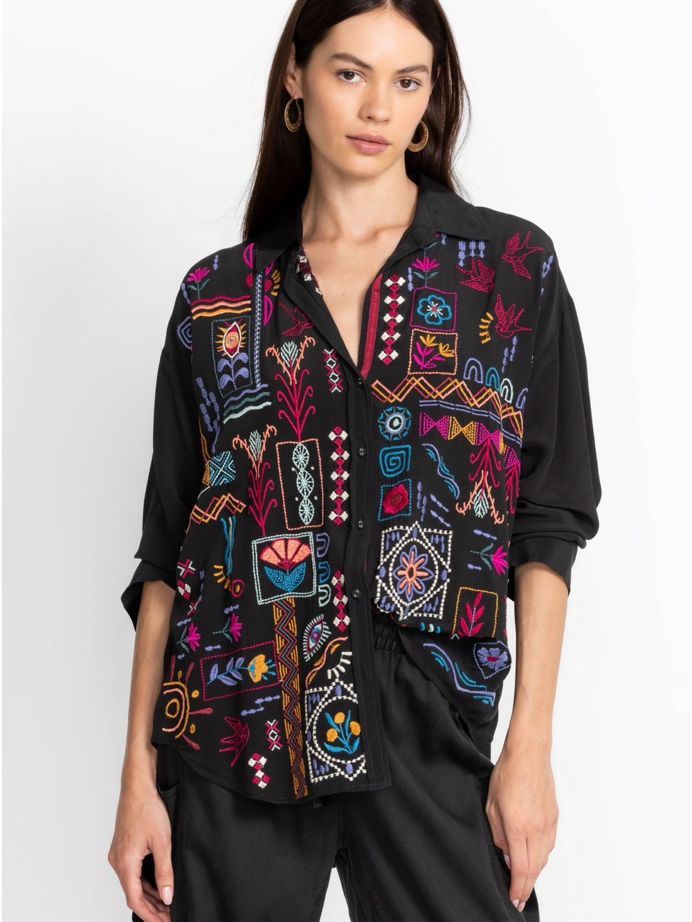 EUC Johnny Was Workshop Campo Black Silk Embroidered Shirt & Pant Set L Artistic